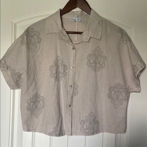 Gray Tan Boxy Crop Button Down Shirt with Notched Collar